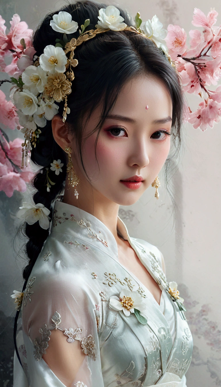 arafed woman in a white dress with a flower in her hair, artwork in the style of guweiz, palace ， a girl in hanfu, guweiz, beautiful digital artwork, 中 元 节, white hanfu, ethereal beauty, a beautiful fantasy empress, inspired by Huang Ji, inspired by Ai Xuan, chinese girl