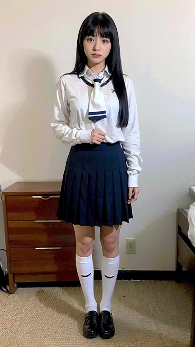 ((8k、 Kampala 、最高of品質、 Kampala )))、Age 33、Alone、Natural body shape、  white skin、  natural makeup  、((  Black Hair  、bangs、  long straight hair  ))、((()))、((    school uniform close to target 、 White collar blouse、))、(( 紺色ofプリーツスカート ))、Big Breasts、((    My upper body is wearing a uniform  ))、((((( looking at camera )))))、(((((Full body image)))))、(((My thighs and shins are exposed  )))、bedroom、   standing with legs spread out   、(((ネイビーブルーofソックス)))、 of 