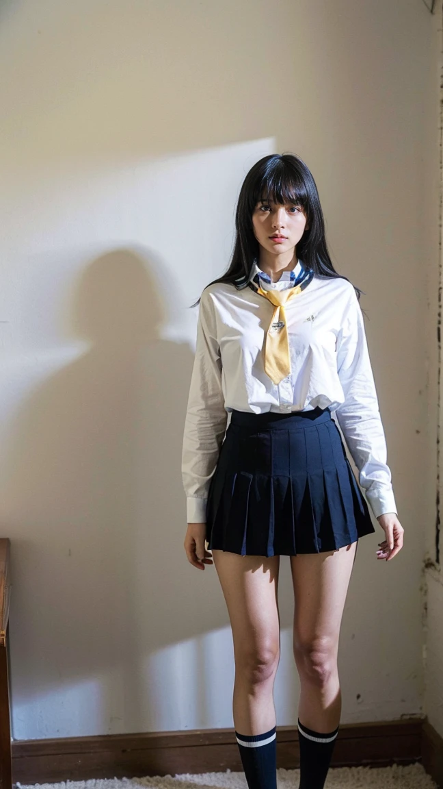 ((8k、 Kampala 、最高of品質、 Kampala )))、Age 33、Alone、Natural body shape、  white skin、  natural makeup  、((  Black Hair  、bangs、  long straight hair  ))、((()))、((    school uniform close to target 、 White collar blouse、))、(( 紺色ofプリーツスカート ))、Big Breasts、((    My upper body is wearing a uniform  ))、((((( looking at camera )))))、(((((Full body image)))))、(((My thighs and shins are exposed  )))、bedroom、   standing with legs spread out   、(((ネイビーブルーofソックス)))、 of 