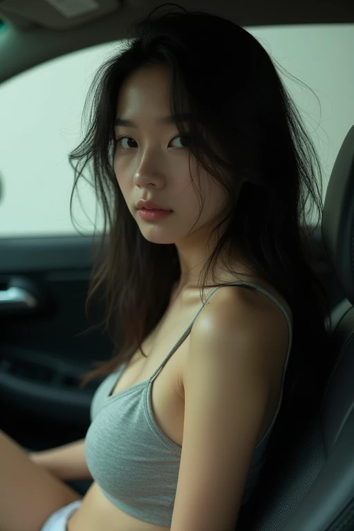 Generate a girl with a black hair sitting inside a car