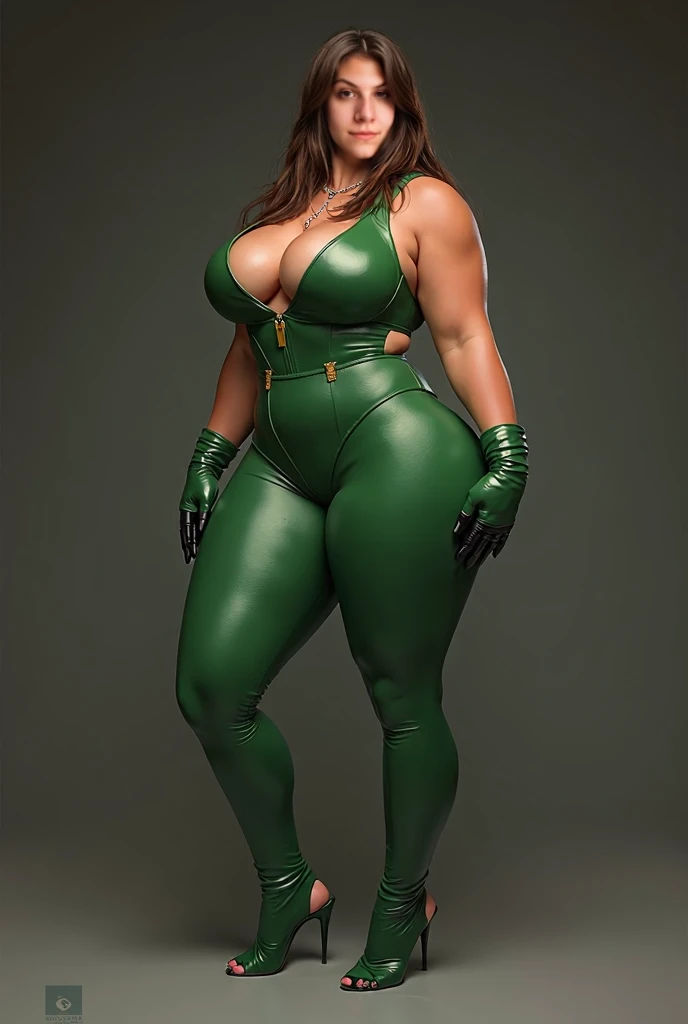 Girl with a very big and exaggerated ass . Her buttocks are so inflated that they look like two birthday balloons . hourglass silhouette .slim.of 1,68 CM tall.elongated body. big breasts.meaty thighs. long and sexy legs .Wear the original green Sonya Blade costume from the Mortal Kombat game.  She has brown eyes .  very light brown hair . Smug face.  She is posing very sexy showing off her attractive Latin curves . small wasp waist,guitar silhouette.flat stomach . stylized figure.Healthy and athletic appearance .Full shot image of the girl. High resolution image.imagen realista