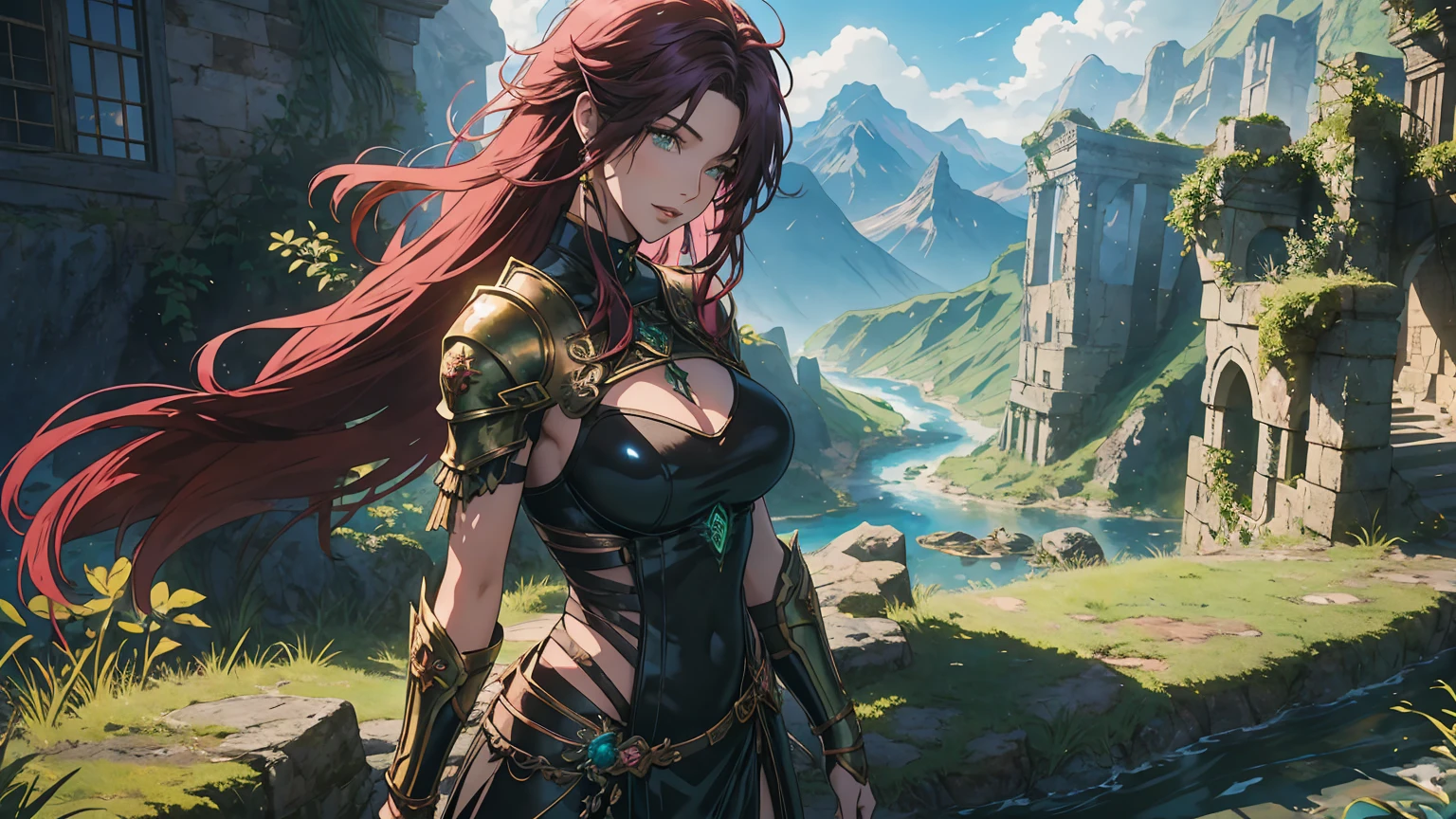 Fantasy Anime Landscape Portrait: In a high-resolution anime-style scene, a beautiful 22-year-old female warrior stands alone in a lush, open landscape. She is depicted in an upright pose, facing the viewer with a gentle smile and direct gaze. Her long hair flows around her face, and her bright green eyes are detailed and expressive. She has flawless, smooth skin, and her delicate facial features include a refined nose and soft, glossy lips.

The background is a Fantasyland setting with distant mountains, flowing rivers, and ancient ruins partially hidden by greenery. The sky is dramatic, transitioning through hues of pink, purple, and deep blue, creating a vibrant contrast with the lush, green landscape. Detailed 8K resolution and HDR lighting highlight her figure against the surroundings, with high-contrast shadows adding depth.

She wears lightweight armor with intricate metal and leather details. Tattoos of red roses and ancient symbols appear on her arms, complementing her natural beauty and connection to the world around her. The image captures both the warrior's enchanting appearance and the rich details of the environment in ultra-realistic Genshin Impact-inspired anime style.

This scene is a perfect fantasy anime wallpaper, showcasing a beautiful warrior alone in a vast, open world filled with mountains, rivers, and ruins, all captured with extreme detail and vibrant color.