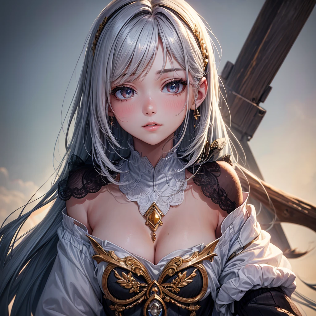 a chubby elegant woman in a white and gold veil covering her eyes, fingers on her lips, long silver nails, black background, photo-realistic, high quality, intricate details, oil painting, dramatic lighting, muted colors, mysterious atmosphere