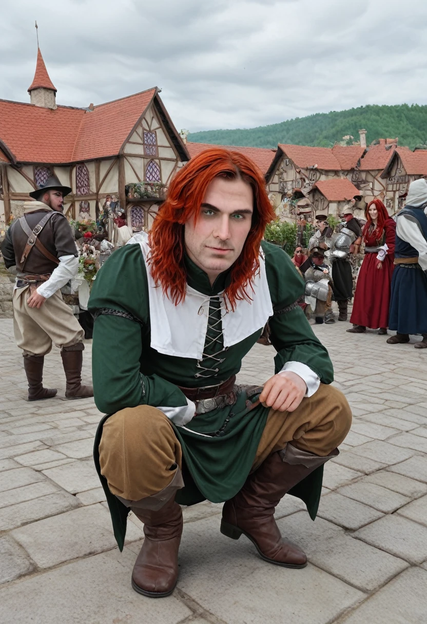 a man,  deep red hair on his shoulder, emerald green eyes,  squatting on the edge of a roof , in a medieval village, dressed in the costume of a bandit ,  wearing a blue lute behind his back ,  watching people pass under him .