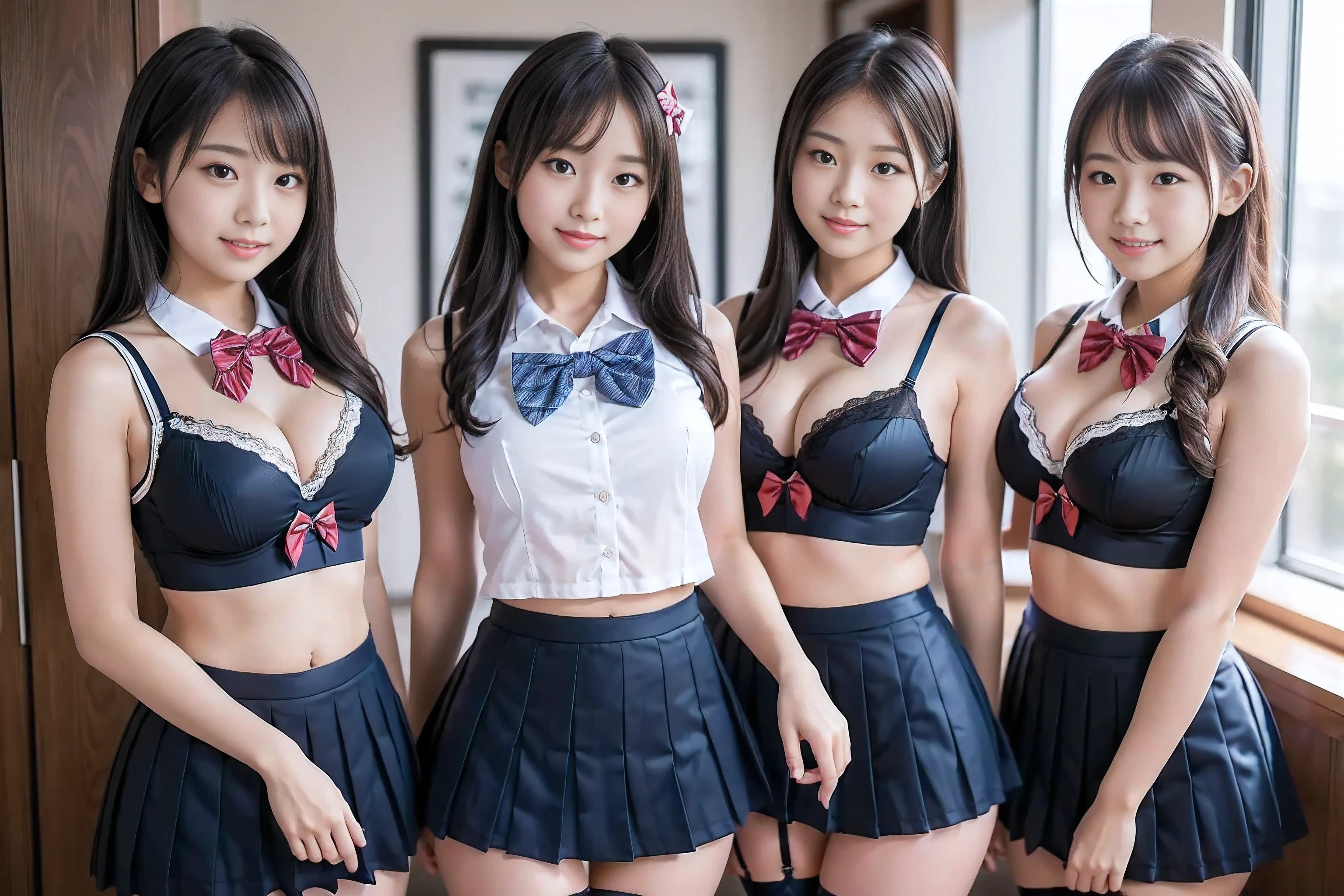 (4k, high quality, high quality, masterpiece), (realistic), ((three girls in front of me, equally centered left and right, from head to thighs)), (((turn your body to me and look at me))), (((bow tie around neck, sailor lingerie, pleated micro mini skirt))), (black hair,  face, smile, beautiful cleavage, beautiful thighs)), The high school girls were captured by me and brainwashed to obey me, they were made to wear sailor-fuku and lingerie to satisfy my desire, and I would nap them and make them my subordinates.