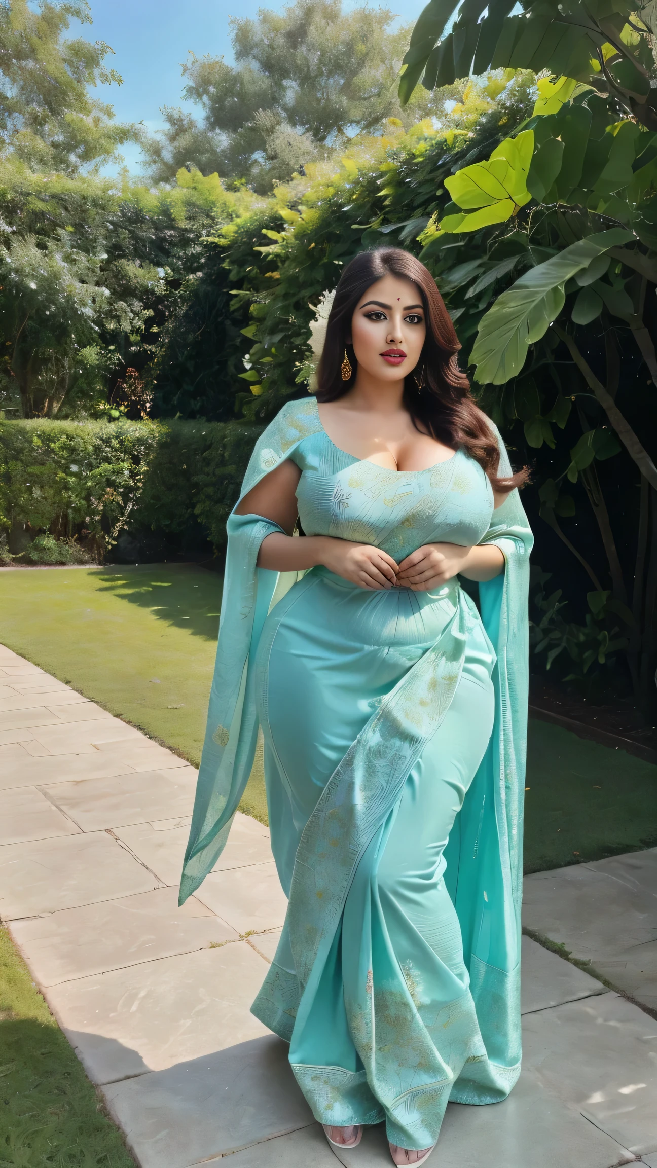 Madhubala Indian beautiful actress sexy curvy plus size model woman standing in Garden daydream”on the grass, gazing up at the sky with a dreamy expression,HD makeup,hd details,hd render,realistic,hyper realistic,photograph,wearing Tropical Print Indian banarasi sari , head to toe view, full body shot, full body view, Head Jewelery for wedding, busty, big curvy body, full body shot, she has a flat belly, thick body, big waist,The best possible quality ((high resolution 8k)),a beautiful woman, very beautiful the best, emerald eyes very well detailed, blue color dress ,design in dress, stitching style in dress,very gorgeous dress and very colorful,large breasts of a 30 year most beautiful very busty woman create perfect details, (full body view)) (large breast) (big breast) (round breast)