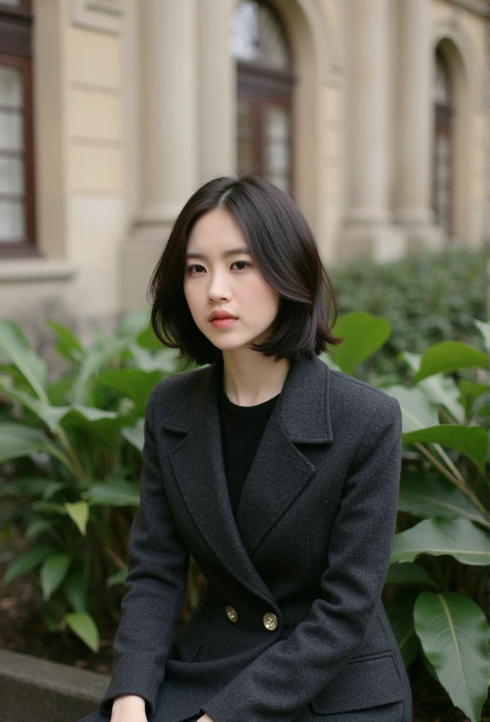 (Photography), (realistic), ultra detailed, A young woman seated outdoors in front of a European-style, classical building with large arched windows. She is wearing a dark charcoal-gray coat with elegant, minimalist details and metallic button accents at the collar. Her short, softly curled hair frames a gentle, pensive expression. The background includes lush greenery and the historic architecture, creating a serene and sophisticated atmosphere, captured with soft, natural light to emphasize her thoughtful demeanor.