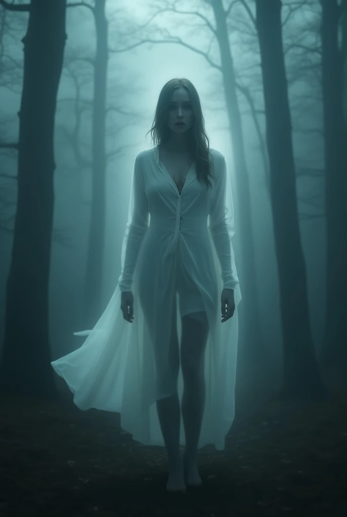 Ghost, ((masterpiece, highest quality, Highest image quality, High resolution, photorealistic, Raw photo, Extremely detailed CG unified 8k wallpaper)), (huge stunning goddess shot, very hot and sexy, jaw-dropping beauty, perfect proportions, beautiful body, slim body beauty:1.4), Dramatic Light, Volumetric Light, Deep in a foggy forest, the ghost of a young woman wanders about, her body is white and translucent, her clothes are torn and she has a bullet wound in her chest, she is crying, her body is floating in the air, glowing pale and white, she is waiting for someone to discover her,