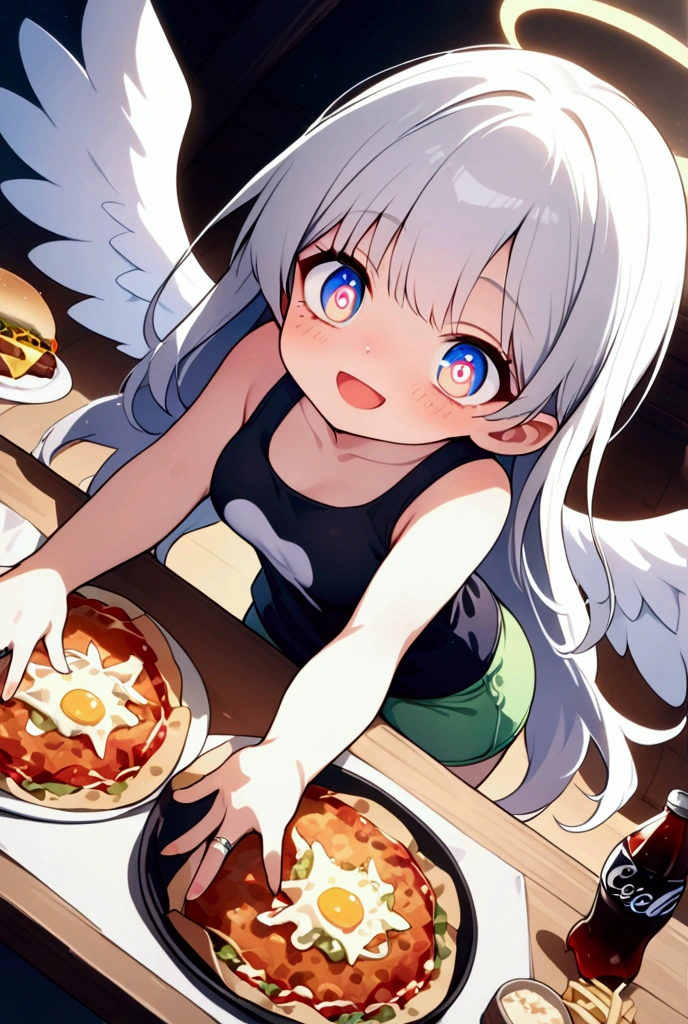 1girl\(angel,silver hair,shining hair, long hair, floating hair, cosmic eyes, big eyes,many stars in eyes, beautiful, cute, shiny body, (big white wings), glowing halo\(angel ring\), dark bag under eyes,geek,freckles, tank top\(geek-anime-printed\), green short shorts, big smile,open mouth, surprised, cute pose,(far away from viewer)\) , many beautiful junk foods\(pizza, humberger, lasagna, Coca-Cola, tacos, hot-dog, many shining effects\) on the table, BREAK ,background\(trippy colorful shines, simple,happy mood\), BREAK ,quality\(8k,wallpaper of extremely detailed CG unit, high resolution, top-quality, top-quality real texture skin, hyper realistic, increase the resolution, RAW photos, best quality, highly detailed, the wallpaper,golden ratio,high saturation realism, vibrant colors, dramatic lighting, persuasive storytelling, atmospheric scenery, captivating visuals, intricate details, strong emotions,dreamlike world\),(from above), (focus at foods),(dynamic angle:1.3)