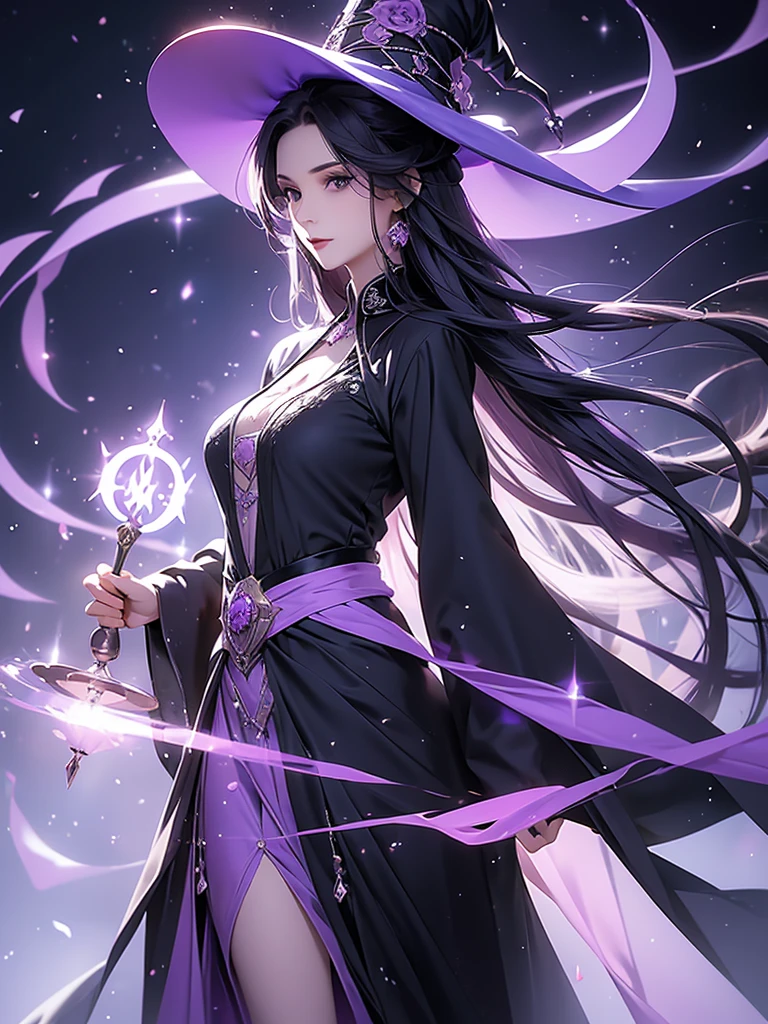 Long staff ，magic hat，Purple long Hair,witch, Black robe, Victorian style, Gothic Skirt, middle Ages,Purple Fire，long black dress，beautiful