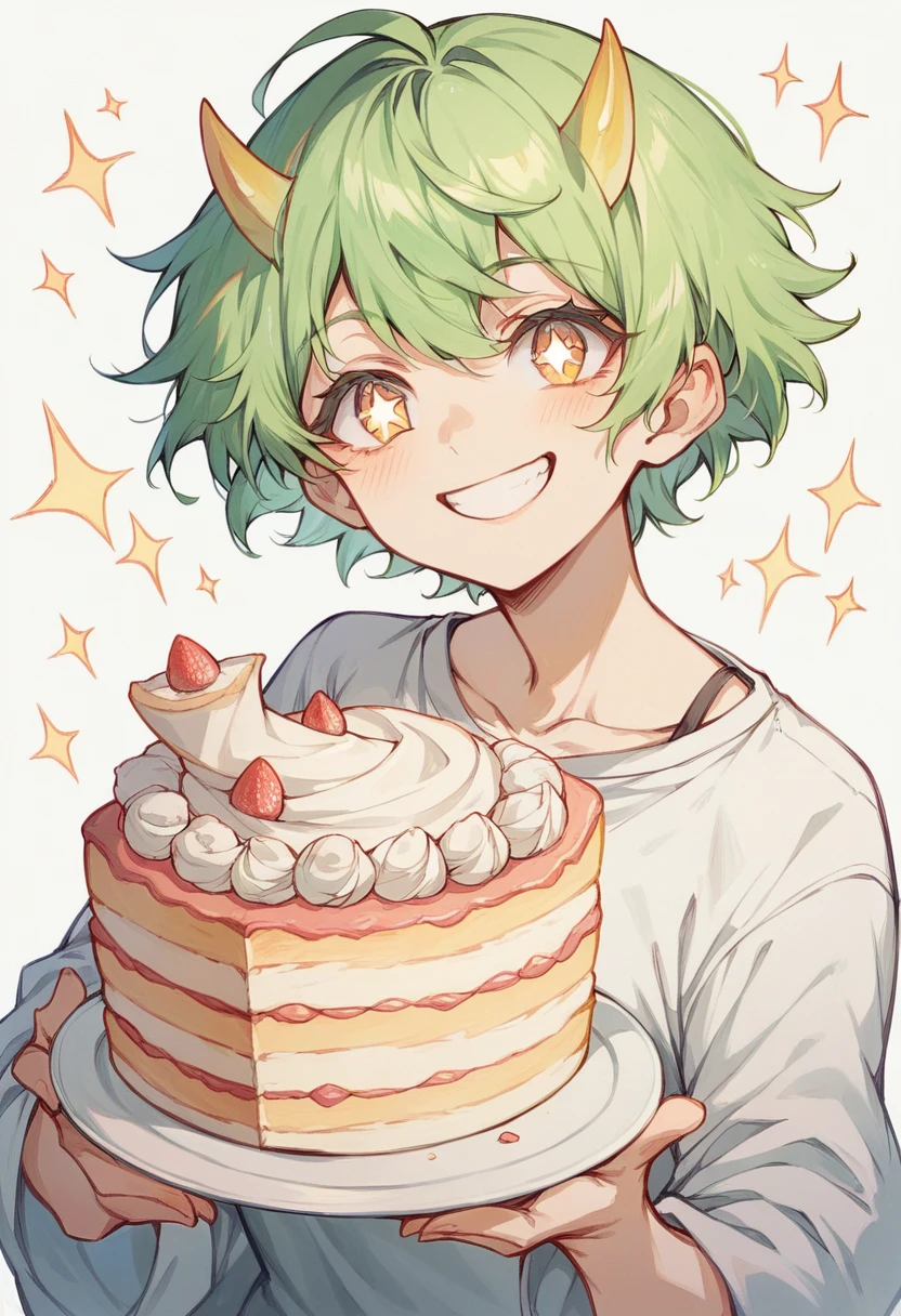 Green Hair, Short Hair, Very Short,boyish hair , short yellow horns,I'm looking at the cake,Sparkling Eyes,smile