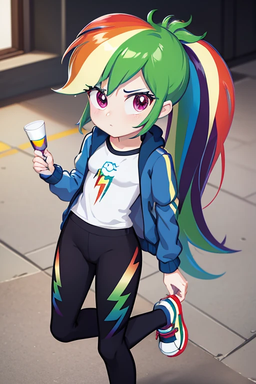 masterpiece, 1girl_full_body_with_long_rainbow_hair_ponytail_purple_eyes_c_cup_unbutton_blue_jacket_tight_white_shirt_black_pants_blue_sshoes_facing_viewer_sprinting