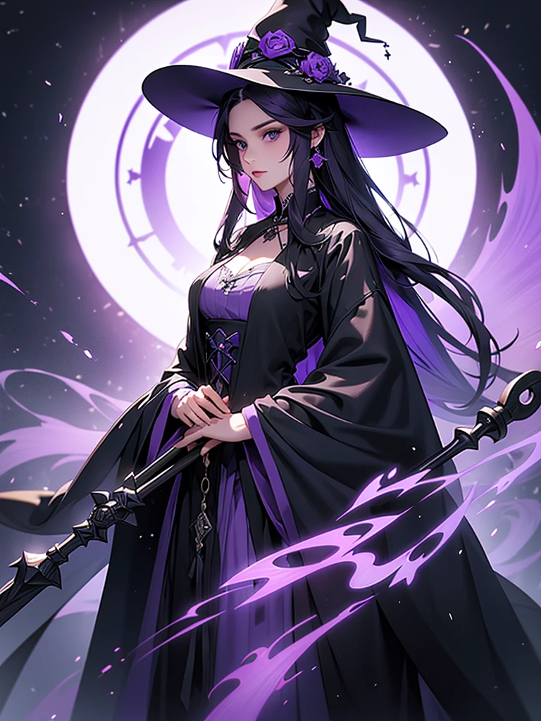 Long staff ，magic hat，Purple long Hair,witch, Black robe, Victorian style, Gothic Skirt, middle Ages,Purple Fire，long black dress，beautiful