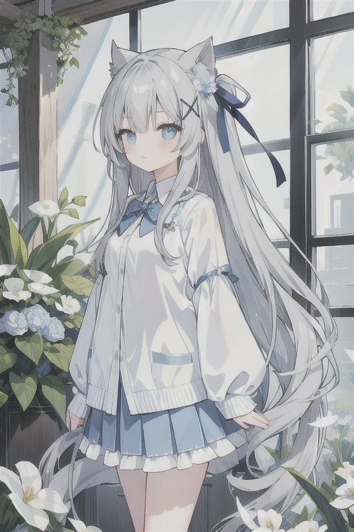 Gray hair、Very long hair · side tail on the right side · eyes of a different color 、Left eye is light blue、Right eye is gray, small breasts, white blouse, pale light blue cardigan, gray skirt, large gray ribbon attached to collar · single girl · quiet · smiling · light blue flower field · holding light blue flowers · top quality