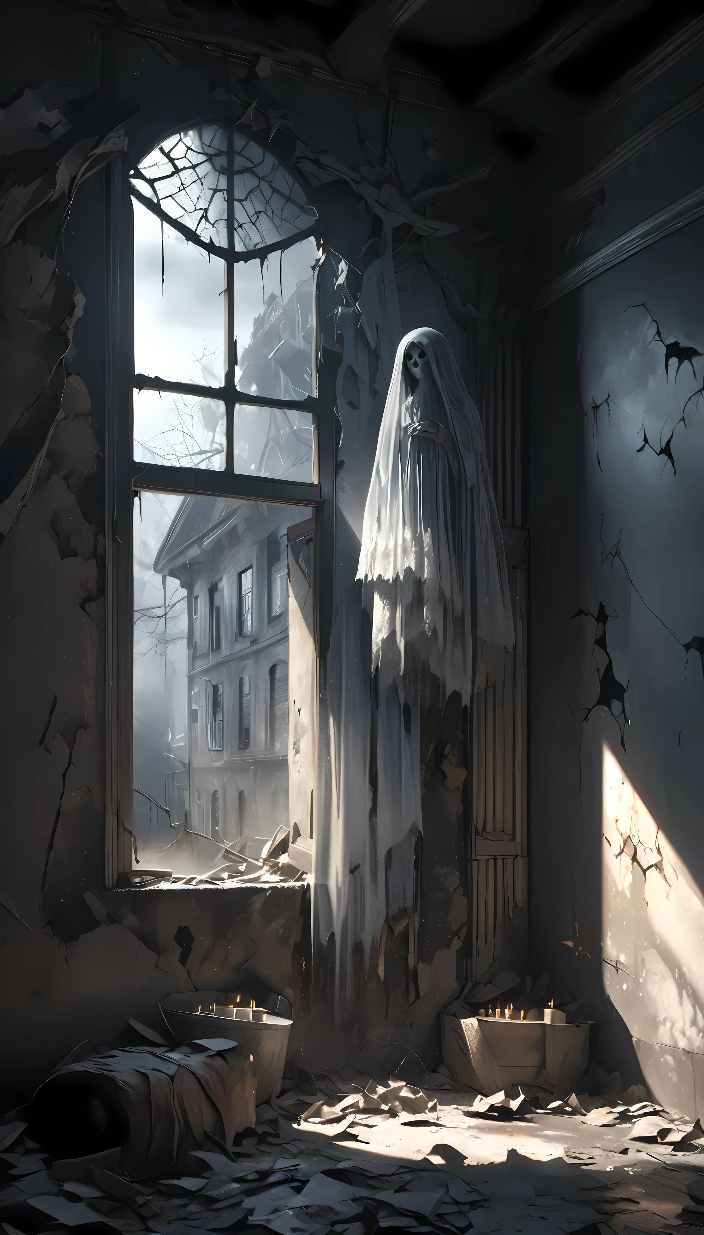 a ghostly figure, ethereal and translucent, haunting an abandoned building, moonlight shining through broken windows, cobwebs, eerie atmosphere, dark shadows, peeling paint, crumbling walls, flickering candles, unsettling presence, (best quality,4k,8k,highres,masterpiece:1.2),ultra-detailed,(realistic,photorealistic,photo-realistic:1.37),cinematic lighting,moody,dramatic shadows,chiaroscuro,dark fantasy,gothic,muted color palette,melancholy