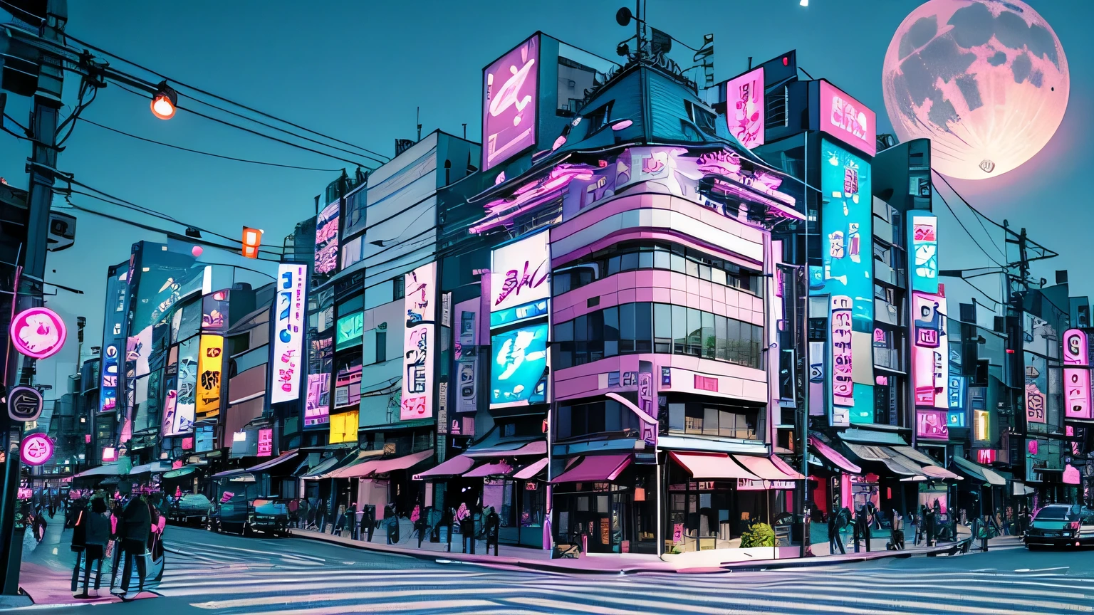 Shibuya City、night、nightのネオン街、Street lamp、moon、star、night空、 pink buildings and buildings、Beautiful neon 