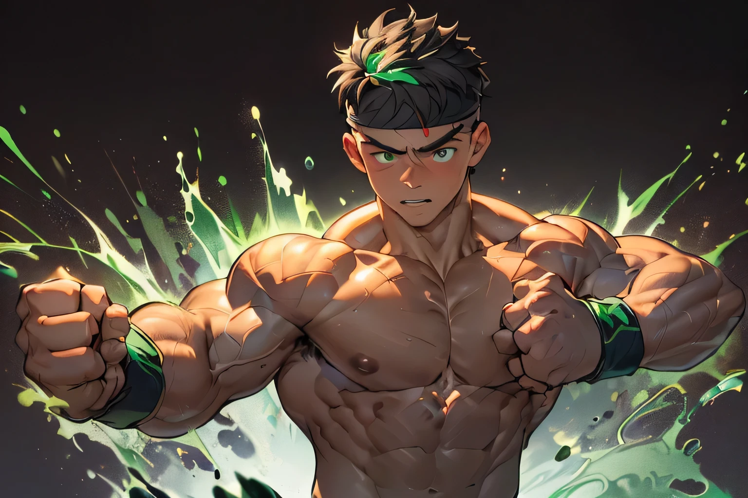 ((masterpiece, best quality, stalwart, (Depth of field:1.2))), (((((black background, deep night, upper body))))), (worm green eyes, Young boy, muscler, Shirtless, topless), ((((1boy, solo, flesh, tough, reliable, developed body)))), (Dark Short straight hair, green eyes, ((almost completely shaved hair)), under cut), (((red headband, black wristband))), Vivid colors, ((big breast, big abs, big shoulder, muscular body, sturdy body, defined round and fleshy pecs, defined round and fleshy ABS, defined round and fleshy armsmuscular, well-defined muscles, toned body, shouldermuscler)), muscler!, muscler body, detailed face, detailed muscle, (((rippling muscles, Flowing energy, wearing wind to emphasize the power of his aura. Highlight his aura, blue and green aura effect, wearing energy stream, holding aura energy, Imposing, Fearless, expressionless, random stance, ((punching, rushpunch, clenched hands, motion blur, clenched theeth, fighting stance, clenched hand, solo)))))