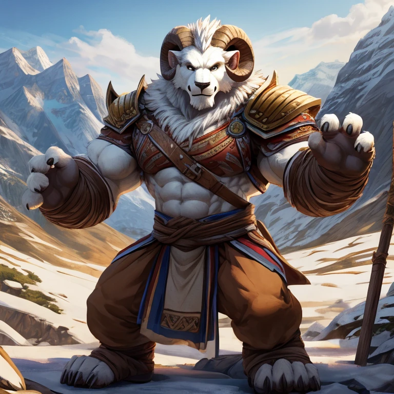 Solo, Ram Folk, Male, mountain, Monk armor, powerful build, ready stance, Detailed Face ((white fur)), detailed hands((4 fingers)), muscular, correct proportions, epic nunchuks