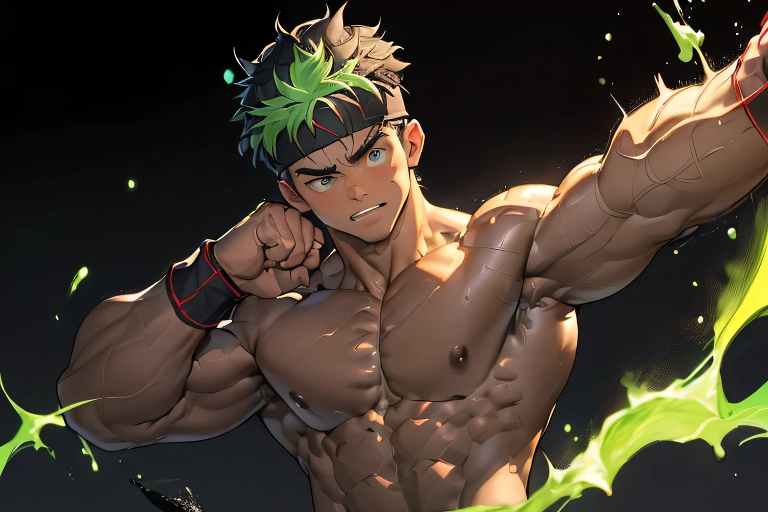 ((masterpiece, best quality, stalwart, (Depth of field:1.2))), (((((black background, deep night, upper body))))), (worm green eyes, Young boy, muscler, Shirtless, topless), ((((1boy, solo, flesh, tough, reliable, developed body)))), (Dark Short straight hair, green eyes, ((almost completely shaved hair)), under cut), (((red headband, black wristband))), Vivid colors, ((big breast, big abs, big shoulder, muscular body, sturdy body, defined round and fleshy pecs, defined round and fleshy ABS, defined round and fleshy armsmuscular, well-defined muscles, toned body, shouldermuscler)), muscler!, muscler body, detailed face, detailed muscle, (((rippling muscles, Flowing energy, wearing wind to emphasize the power of his aura. Highlight his aura, blue and green aura effect, wearing energy stream, holding aura energy, Imposing, Fearless, expressionless, random stance, ((punching, rushpunch, clenched hands, motion blur, clenched theeth, fighting stance, clenched hand, solo)))))