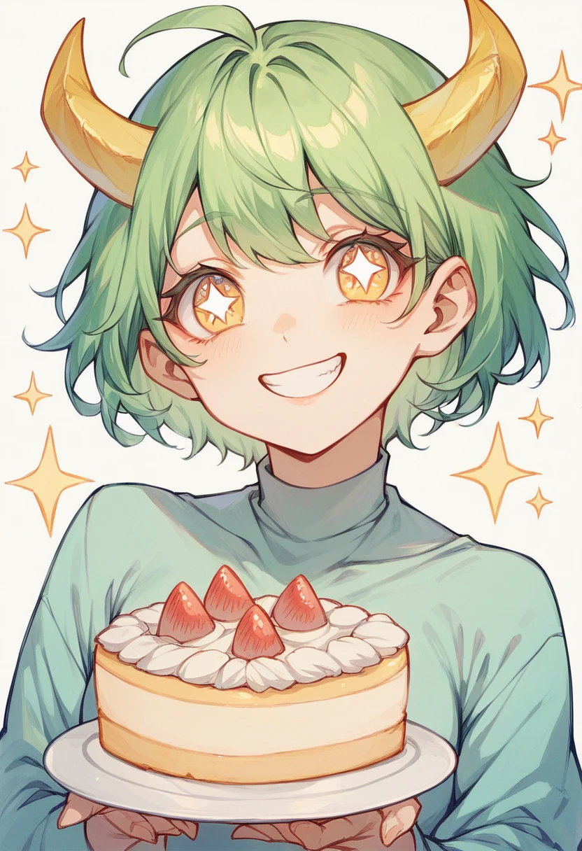 Green Hair, Short Hair, Very Short,boyish hair , short yellow horns,I'm looking at the cake,Sparkling Eyes,smile