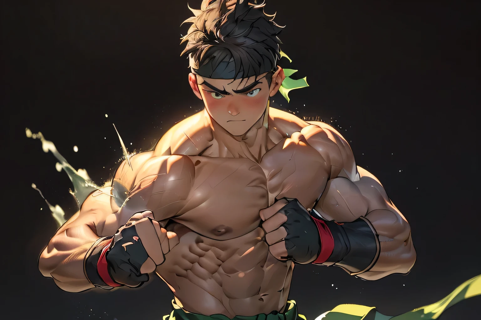 ((masterpiece, best quality, stalwart, (Depth of field:1.2))), (((((black background, deep night, upper body))))), (worm green eyes, Young boy, muscler, Shirtless, topless), ((((1boy, solo, flesh, tough, reliable, developed body)))), (Dark Short straight hair, green eyes, ((almost completely shaved hair)), under cut), (((red headband, black wristband))), Vivid colors, ((big breast, big abs, big shoulder, muscular body, sturdy body, defined round and fleshy pecs, defined round and fleshy ABS, defined round and fleshy armsmuscular, well-defined muscles, toned body, shouldermuscler)), muscler!, muscler body, detailed face, detailed muscle, (((rippling muscles, Flowing energy, wearing wind to emphasize the power of his aura. Highlight his aura, blue and green aura effect, wearing energy stream, holding aura energy, Imposing, Fearless, expressionless, random stance, ((punching, rushpunch, clenched hands, motion blur, clenched theeth, fighting stance, clenched hand, solo)))))