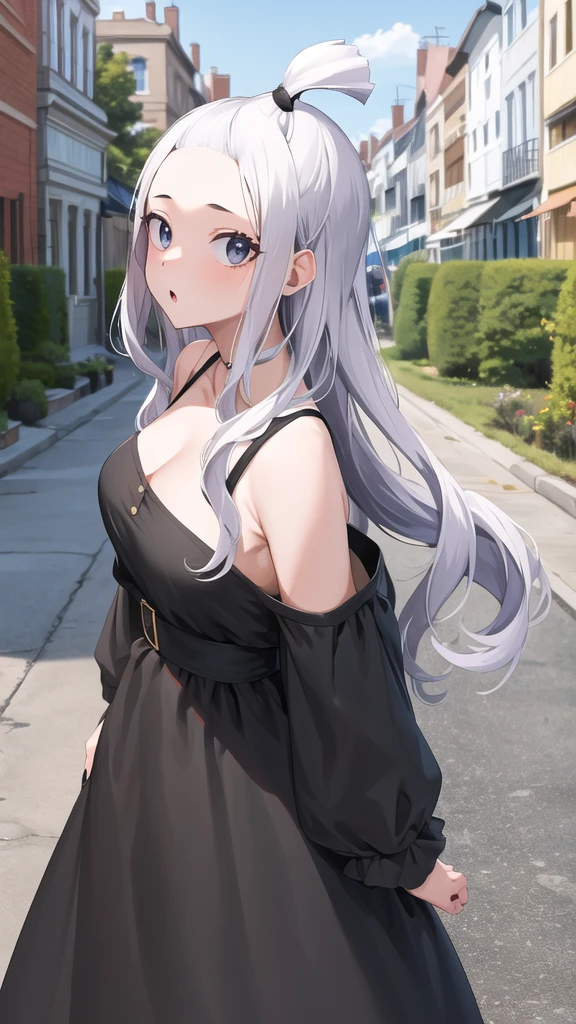 masterpiece, best quality, highres, aamira, long hair, bangs pinned back, topknot, forehead, black dress, off shoulder, outdoors, street, :o