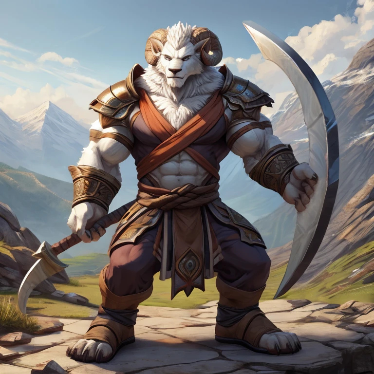 Solo, Ram Folk, Male, mountain, Monk armor, powerful build, ready stance, Detailed Face ((white fur)), detailed hands((4 fingers)), muscular, correct proportions, epic scythe 