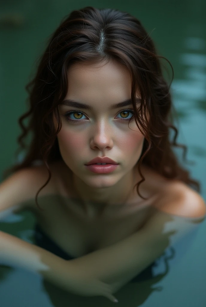 Brown mermaid with round face shape, fox eyes, big eyelashes and black eyes, curly hair below the shoulder with black and light brown highlights, mesmerizing beauty