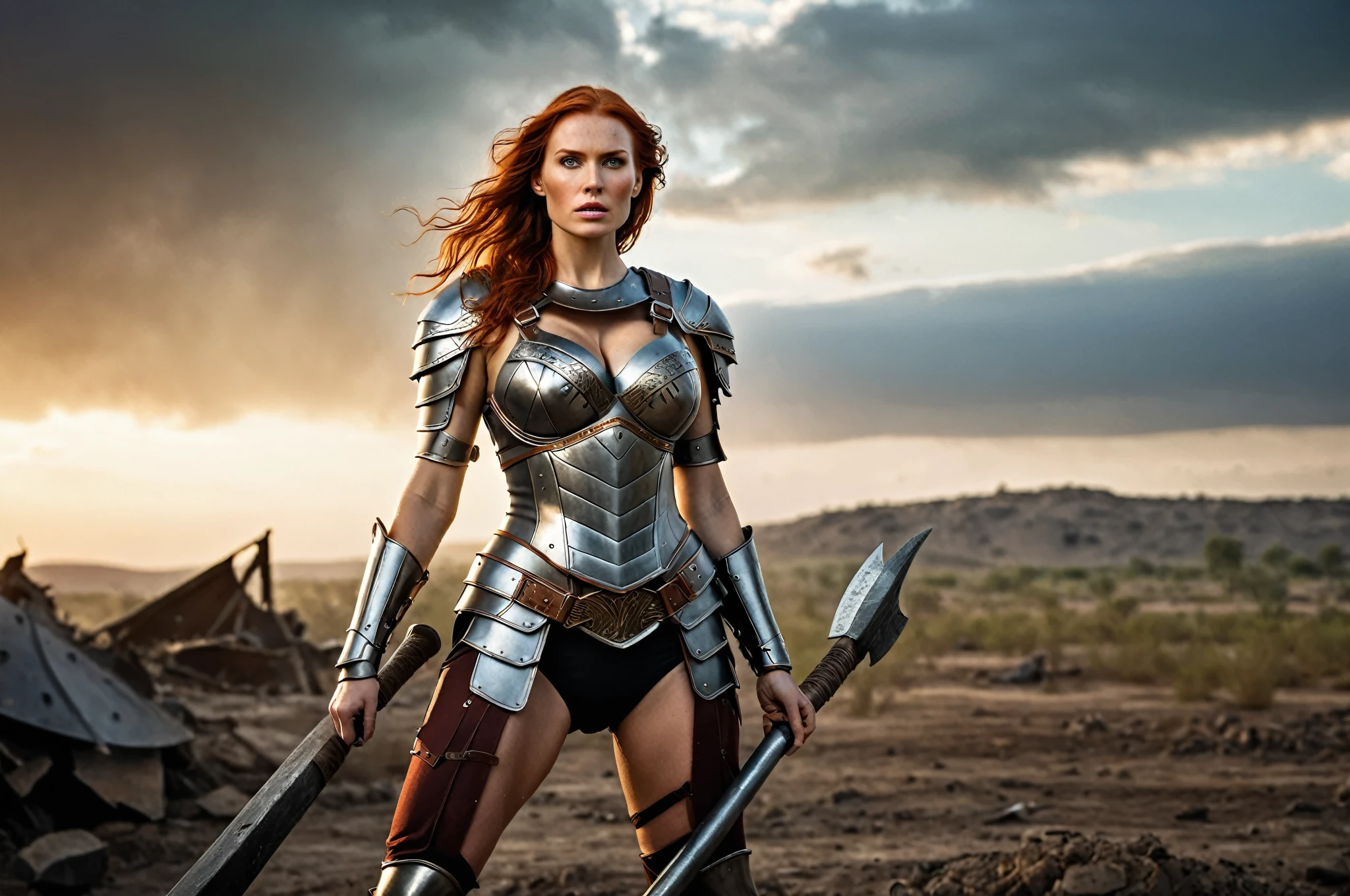 high quality portrayal, sharp facial features, sharp features, hawkish features, ultra-detailed features, ((realistic, photorealistic)). Gorgeous slim body, tight-fitting outfit, cleavage outfit, ((huge breasts)), ((large breasts)), mature redhead woman, Valkyrie warrior, dressed in steel iron armor, dented, impacts of blows, damaged, beaten (highly detailed armor), detailed costume, ((detailed apparels)). Body with scars, bumps, bruises detailed features. She is standing, holding a long steel axe in one of its hands. She is in the battlefield, it can be seen remnants and vestiges of a brutal battle. in the background the surroundings of epic battlefield can be seen in detail. ((sharp depth of field), ((intricate detail, detailed textures)), bright lighting, soft lighting, Global illumination.