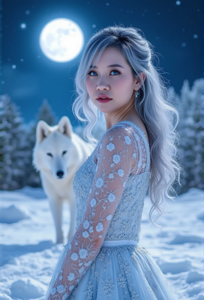 A stunning beautiful long shot, full body, portrait of a gorgeous lady, serious emotional on her face, with blue eyes, long silver hair, wearing long glowing luminous silver dress, her dress cloth is soft and flowing with the wind, standing with a big white wolf, in a magnificent fantasy snow scene, moon, and stars in the night time, amazingly dramatic beautiful lighting effect, surrealism image, fantasy world, dreamlike style, a majestic mood picture, cool mood, (top-quality)), (best quality, 8k, high resolution, masterpiece: 1.2), highly detailed, (realistic, photorealistic: 1.4), dramatic lighting , depth of field, ultra detailed, surrealism, super realistic image.4k, UHD, detailed face, detailed eyes, detailed lips, detailed nose, best quality, 4k, 8k, high resolution, masterpiece:1.2, ultra-detailed, realistic, photorealistic:1.37, HDR, UHD