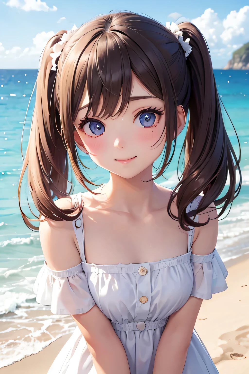 wallpapers anime of the girls dressed like cute school girls on the beach, 1girl, solo, smile, twintails, dress, outdoors, white dress, ocean, looking at viewer, blush, off shoulder, collarbone, sky, day, bare shoulders, closed mouth , (best quality, masterpiece, ultra-detailed, illustration:1.2),(8K wallpaper),(beautiful detailed eyes:1.2), beautiful, amazing, detailed eyes, (detailed skin)