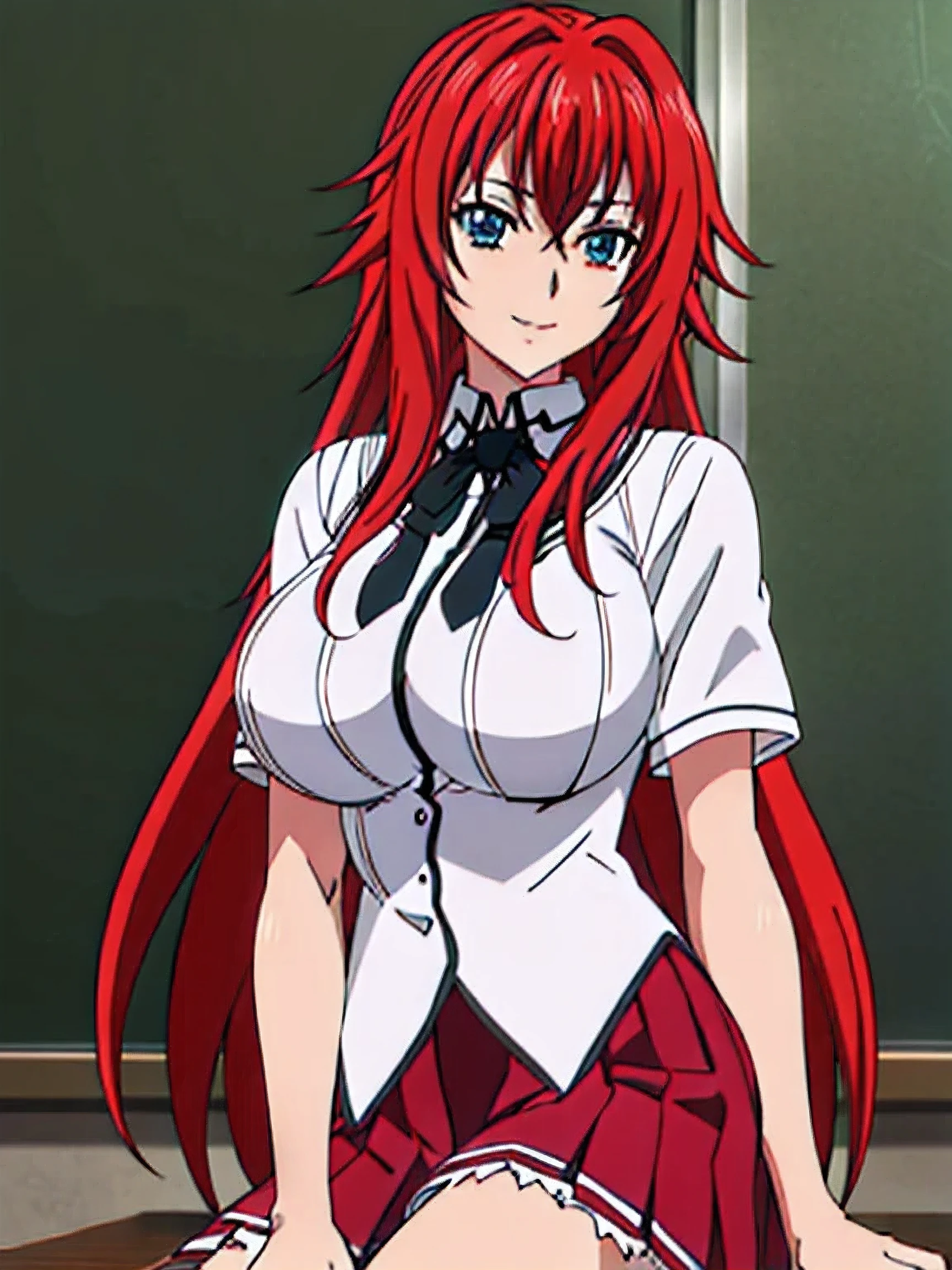  sitting on a school chair., Black Cloak, black neckwear, white shirt, Short sleeves, Red pleated skirt , Sailor collar, classroom background,  Rias Gremory ,   POV below the animated cell style, Top quality ,  high resolution, 1 woman, (Huge breasts:1.2),  beautiful face,  red hair,very long hair,  blue eyes on the desk,  Sneaking In , Smile, 