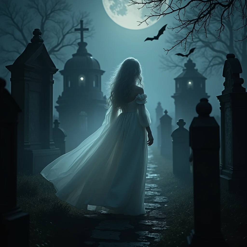 photorealism,Superfine , night cemetery ,  lonely moon light , a pair of bats flying above the crypt behind ,  in the center of the frame is a ghost woman (translucent, as if woven from fog ,almost black and white )  in a white 1800s-style dress ,  walks through the cemetery past the ancient Mogi and searches for the grave,( the ghost of a woman in a big dress is looking for the grave ), focus on a ghost woman ,high quality photography, 1980s horror movie style ,facing us,leans over to the tombstone reads the inscription,
