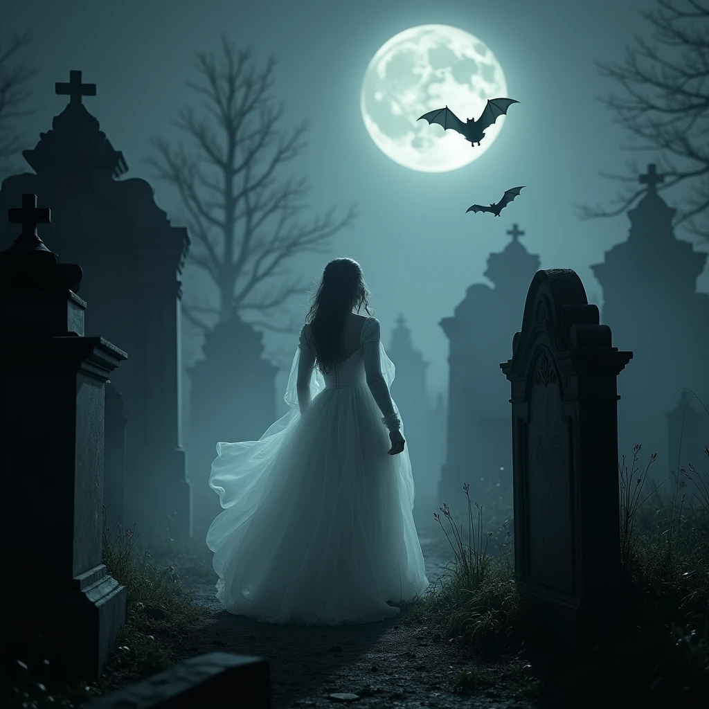 photorealism,Superfine , night cemetery ,  lonely moon light , a pair of bats flying above the crypt behind ,  in the center of the frame is a ghost woman (translucent, as if woven from fog ,almost black and white )  in a white 1800s-style dress ,  walks through the cemetery past the ancient Mogi and searches for the grave,( the ghost of a woman in a big dress is looking for the grave ), focus on a ghost woman ,high quality photography, 1980s horror movie style ,facing us,leans over to the tombstone reads the inscription,
