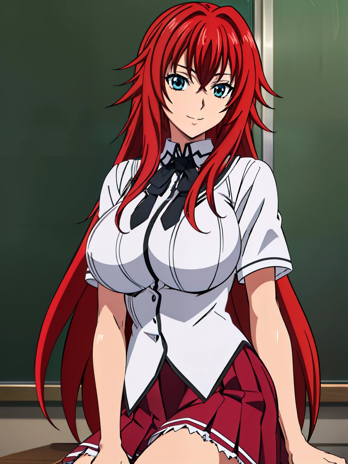  sitting on a school chair., Black Cloak, black neckwear, white shirt, Short sleeves, Red pleated skirt , Sailor collar, classroom background,  Rias Gremory ,   POV below the animated cell style, Top quality ,  high resolution, 1 woman, (Huge breasts:1.2),  beautiful face,  red hair,very long hair,  blue eyes on the desk,  Sneaking In , Smile, 