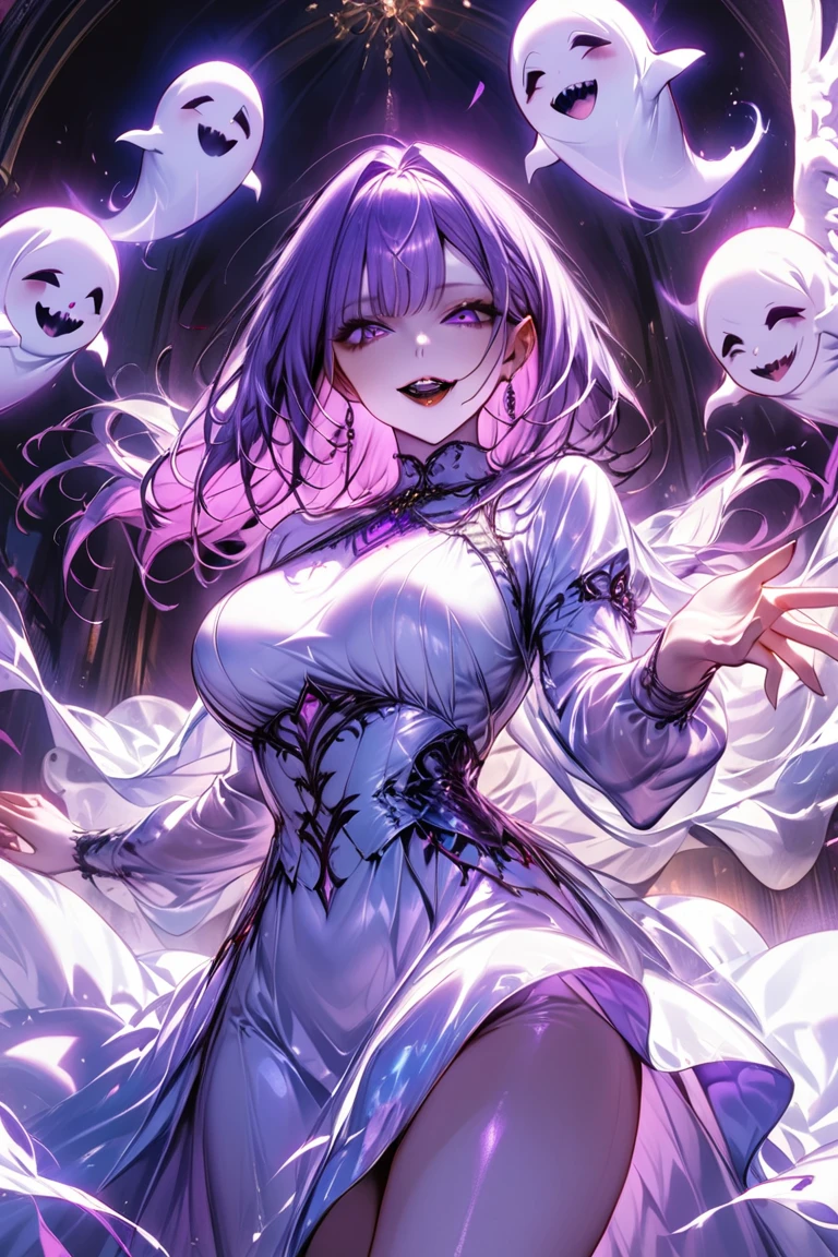  1 mature beautiful woman ,(Best Quality, very detailed depiction , Incredibly Absurd Hi-Res, Sharp Teeth Like a Beast ,Curvaceous body),(Woman Ghosted :1.3),(white gothic dress:1.3),(purple eyes that shine strongly,Eyes of Madness:1.3,Black lipstick, glamorous body ,Beautiful legs,Beautiful legs,Pale skin:1.2),(Reaching out my hand:1.3,),Full body image:1.5, Fantastic Atmosphere ,Pale-white aura,Ghosts flying around,Pale white light