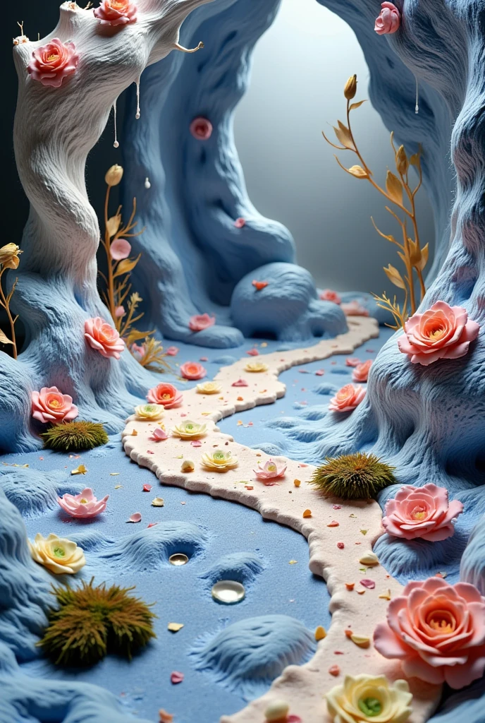 A pale blue carpet decorated with lavender, pale yellow and pink wool, moss and other organic shapes. Surrounded by some different shades of blue knit elements. Next to it stands a large sculpture made of wool.