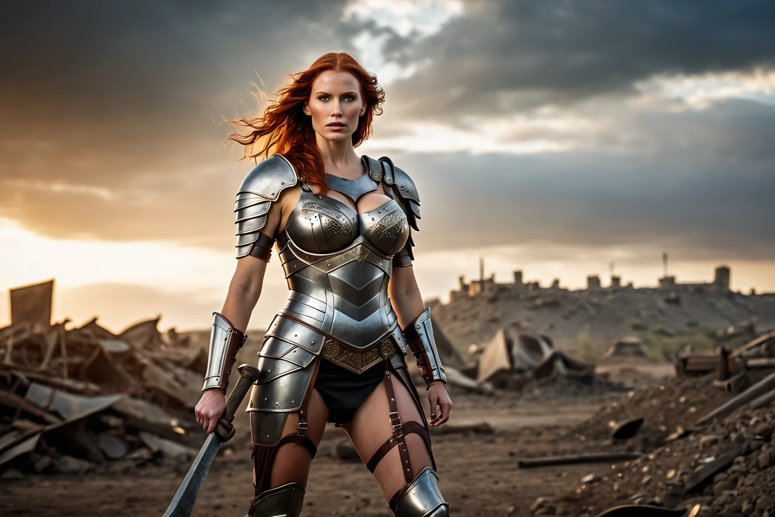 high quality portrayal, sharp facial features, sharp features, hawkish features, ultra-detailed features, ((realistic, photorealistic)). Gorgeous slim body, tight-fitting outfit, cleavage outfit, ((huge breasts)), ((large breasts)), mature redhead woman, Valkyrie warrior, dressed in steel iron armor, dented, impacts of blows, damaged, beaten (highly detailed armor), detailed costume, ((detailed apparels)). Body with scars, bumps, bruises detailed features. She is standing, holding a long steel axe in one of its hands. She is in the battlefield, it can be seen remnants and vestiges of a brutal battle. in the background the surroundings of epic battlefield can be seen in detail. ((sharp depth of field), ((intricate detail, detailed textures)), bright lighting, soft lighting, Global illumination.