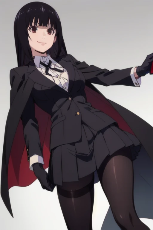 (((pixel-perfect, detail-perfect))), solo, 1girl, yumeko jabami, blazer, smile, leather red bodysuit,gloves, blazer,black ribbon,houndstooth,black pantyhose, grim reaper outfit, thighband pantyhose,pleated skirt,black skirt,thumb ring, thighs heel boots, cape, cloak