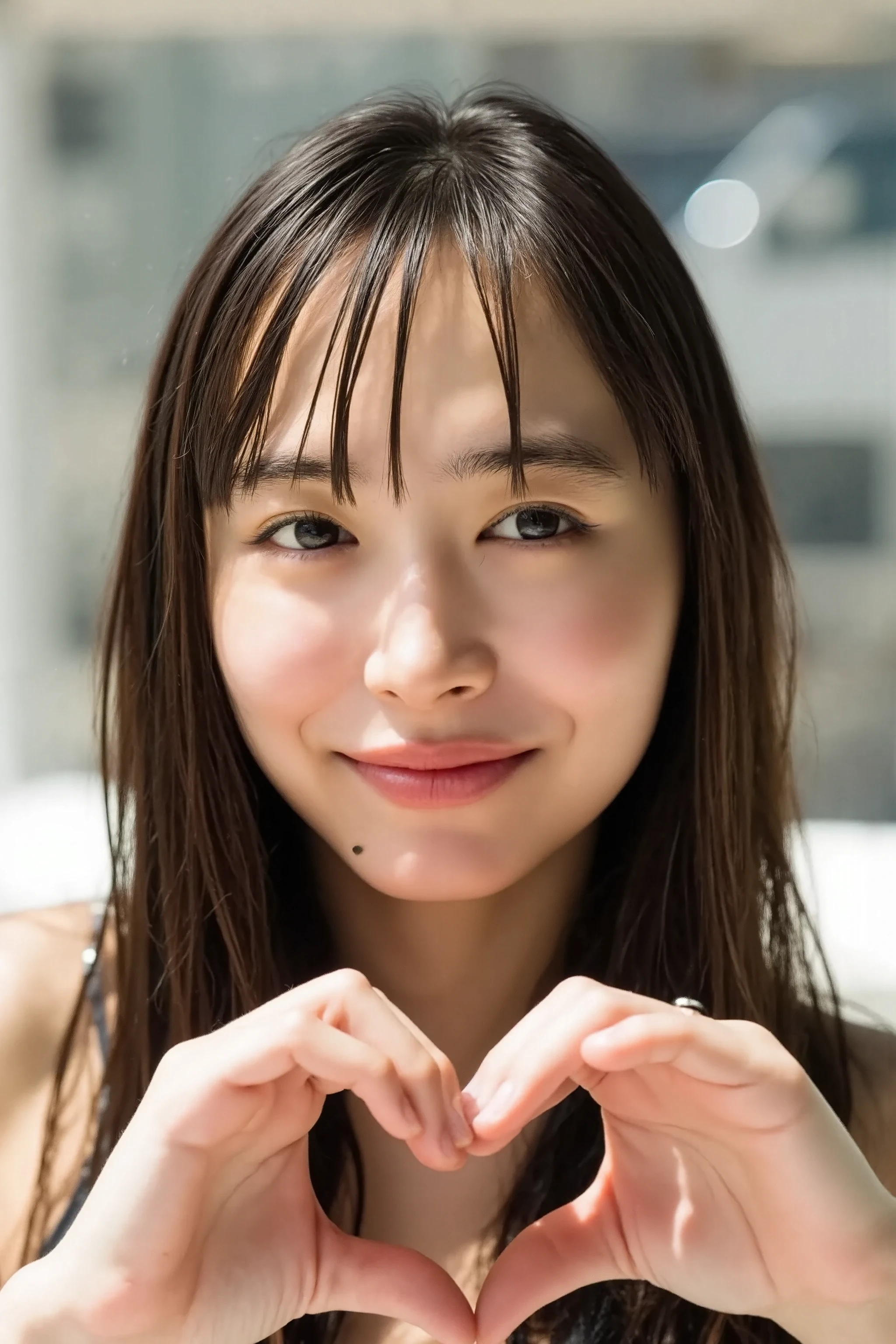  she is posing with both hands firmly forming a big heart shape and holding it in front of her chest, smile

