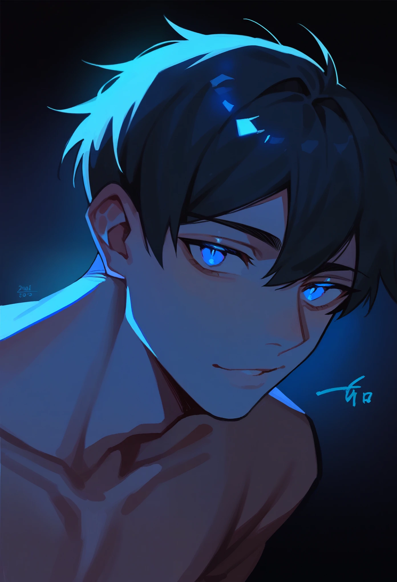 boy , black hair, detailed hair, blue eyes, wide hips, profile picture, mysterious, dark, dark background
