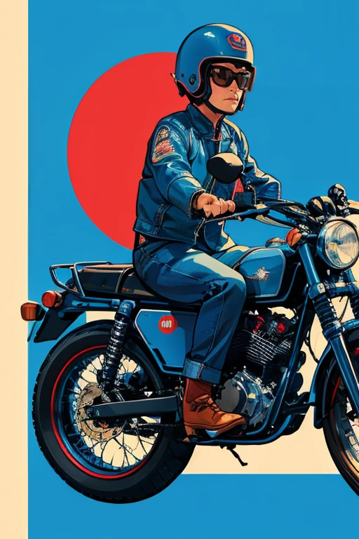  A blue motorcycle is parked in front of the building, in style of   Digital Illustration ,   Digital Illustration  -,  had a great influence on subsequent Japanese art and Buddhist culture ,   Digital Illustration , illustrated Poster, detailed   Digital Illustration , Poster illustration,   Digital Illustration , Cafe Racer, retro Poster, vintage Poster style, Cycle 3D Rendering, stylized   Digital Illustration ,  inspired by Oscar Ruti ,mStoke,gun_Poster