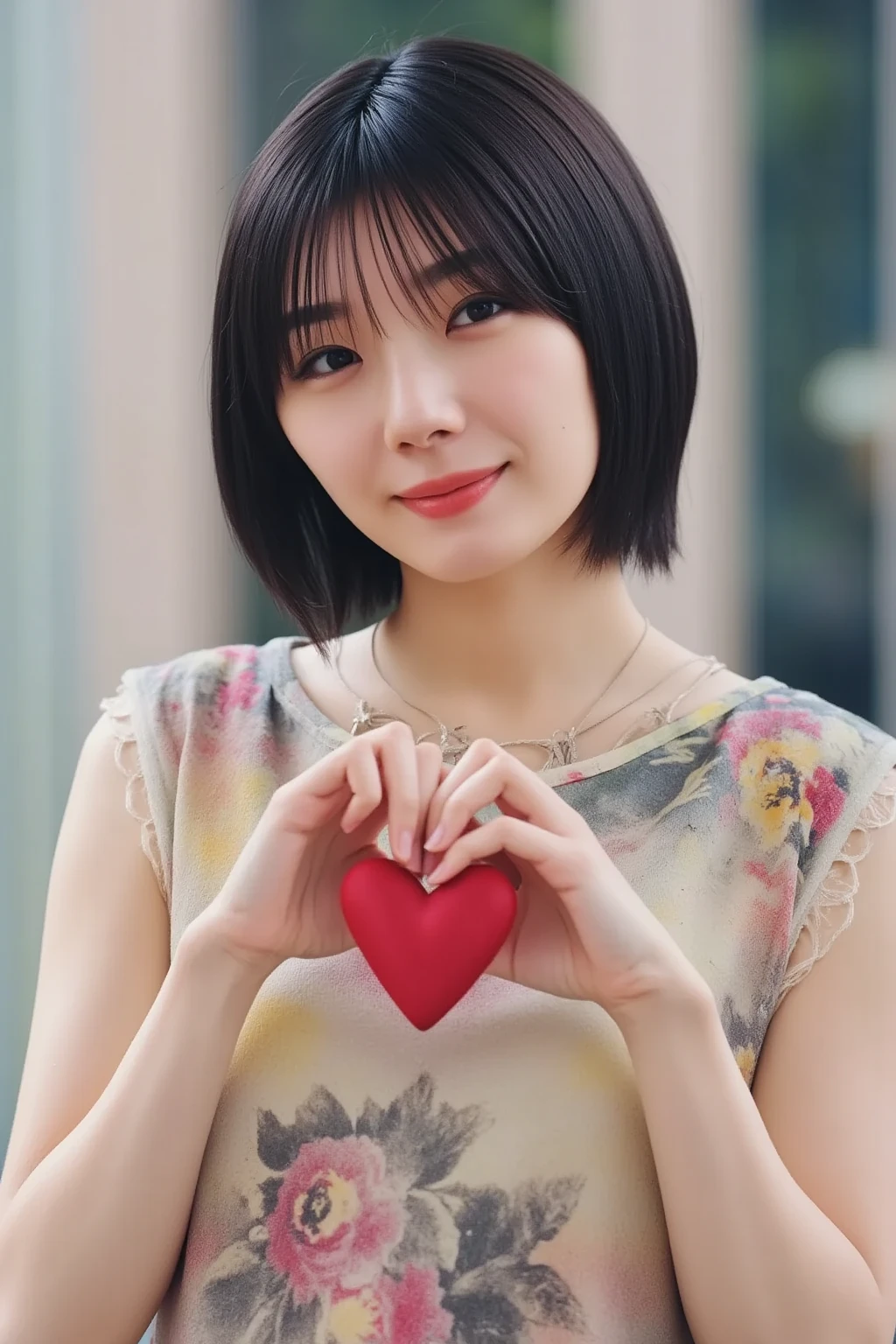  she is posing with both hands firmly forming a big heart shape and holding it in front of her chest, smile

