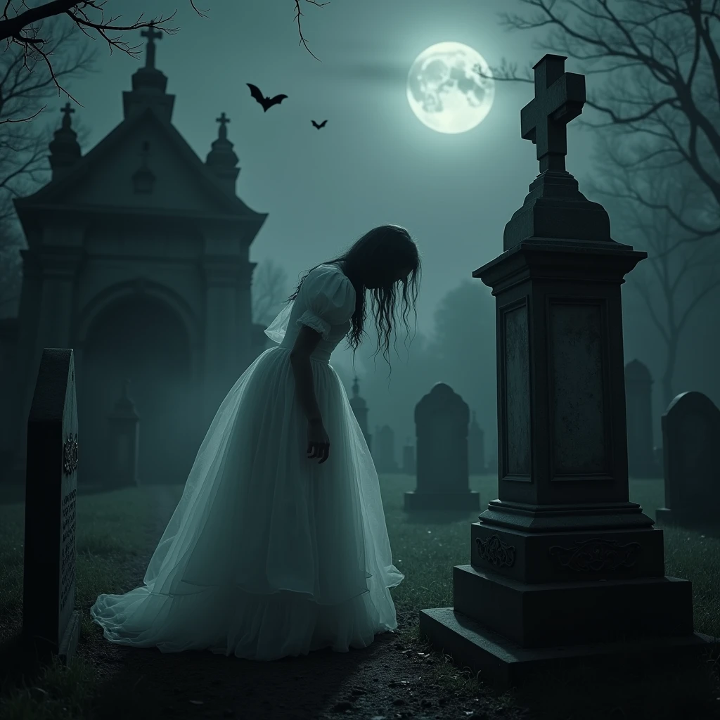 photorealism,Superfine , night cemetery ,  lonely moon light , a pair of bats flying above the crypt behind ,  in the center of the frame is a ghost woman (translucent, as if woven from fog ,almost black and white )  in a white 1800s-style dress ,  walks through the cemetery past the ancient Mogi and searches for the grave,( the ghost of a woman in a big dress is looking for the grave ), focus on a ghost woman ,high quality photography, 1980s horror movie style ,facing us,leans over to the tombstone reads the inscription,
