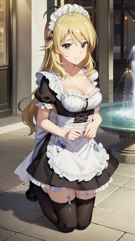 Large Breasts, masterpiece,  best quality ,  Kampala,  beautiful eye with attention to detail,  extremely detailed faces playing in the fountain square, Good lighting, Detailed CG,  Glossy lips, Maid, short puffed sleeves, small Maid apron, Thigh High, A light smile,  shopping center, crowd, clavicle,  clevis, Kneel, the above