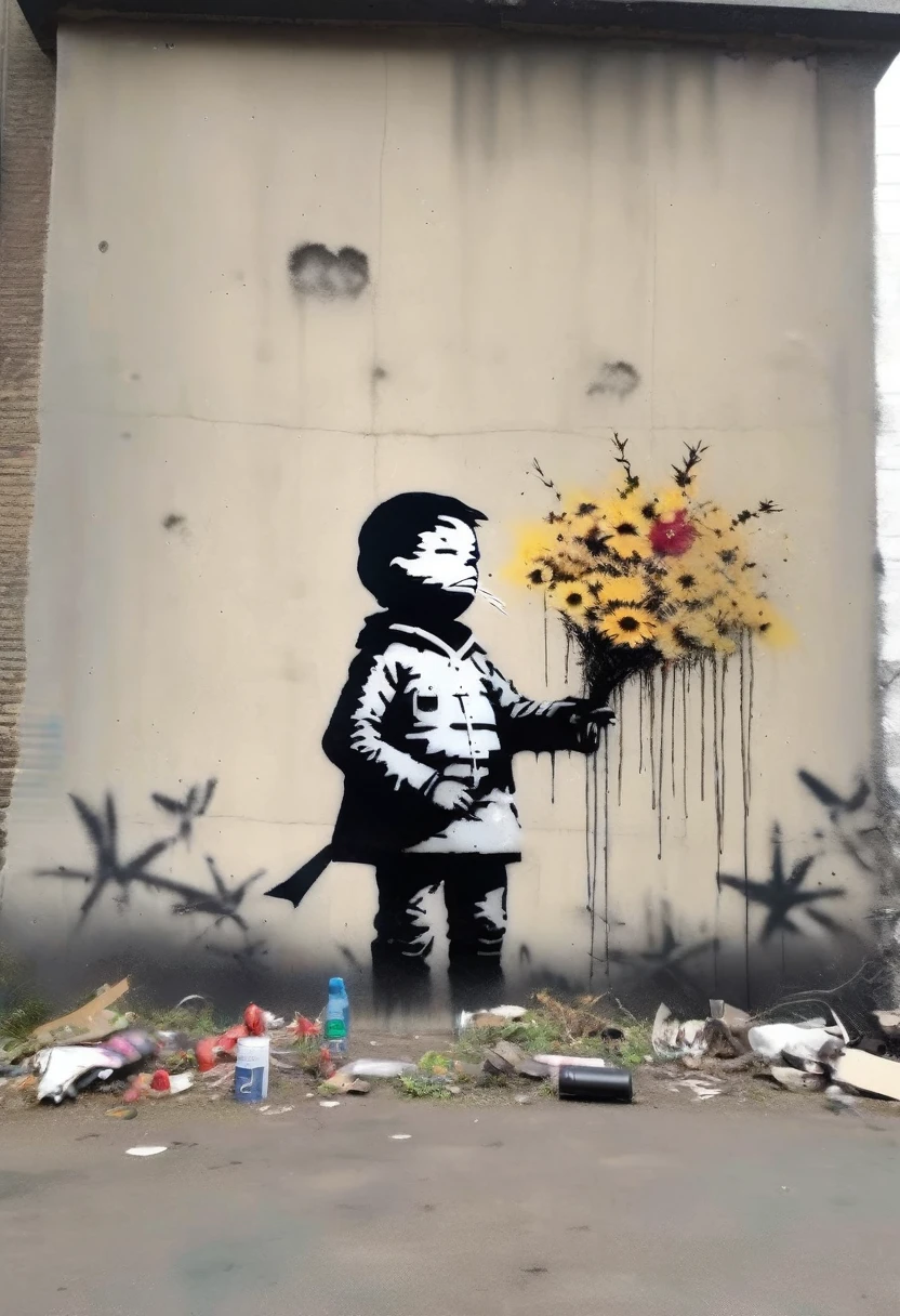 masterpiece,  best quality , super detailed, Banksy Style , 宇宙戦争を批判するBanksy Style の壁画