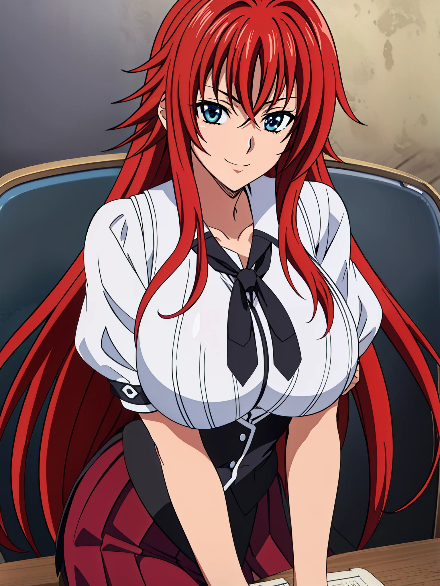  sitting on a school chair., Black Cloak, black neckwear, white shirt, Short sleeves, Red pleated skirt , Sailor collar, classroom background,  Rias Gremory ,   POV below the animated cell style, Top quality ,  high resolution, 1 woman, (Huge breasts:1.2),  beautiful face,  red hair,very long hair,  blue eyes on the desk,  Sneaking In , Smile, 