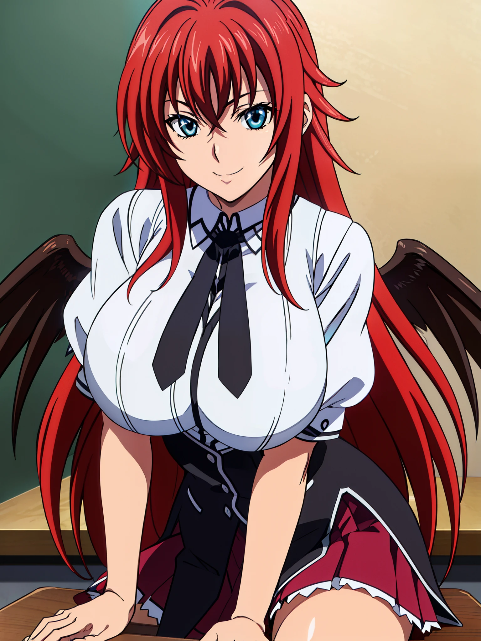  sitting on a school chair., Black Cloak, black neckwear, white shirt, Short sleeves, Red pleated skirt , Sailor collar, classroom background,  Rias Gremory ,   POV below the animated cell style, Top quality ,  high resolution, 1 woman, (Huge breasts:1.2),  beautiful face,  red hair,very long hair,  blue eyes on the desk,  Sneaking In , Smile, 