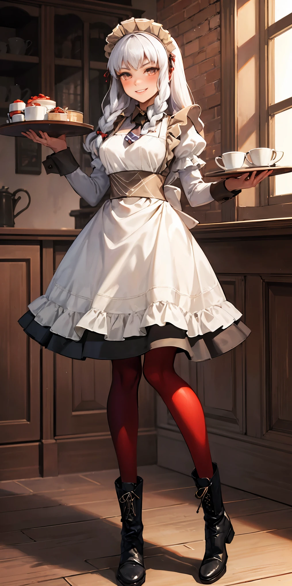 full body standing straight symmetrical, lustful smirking smile face red blush red cheeks, looking at viewer, holding tray, braid, maid headdress, maid, dress, apron, long sleeves, brown pantyhose, long leather military boots, thighs, long white hair, masterpiece