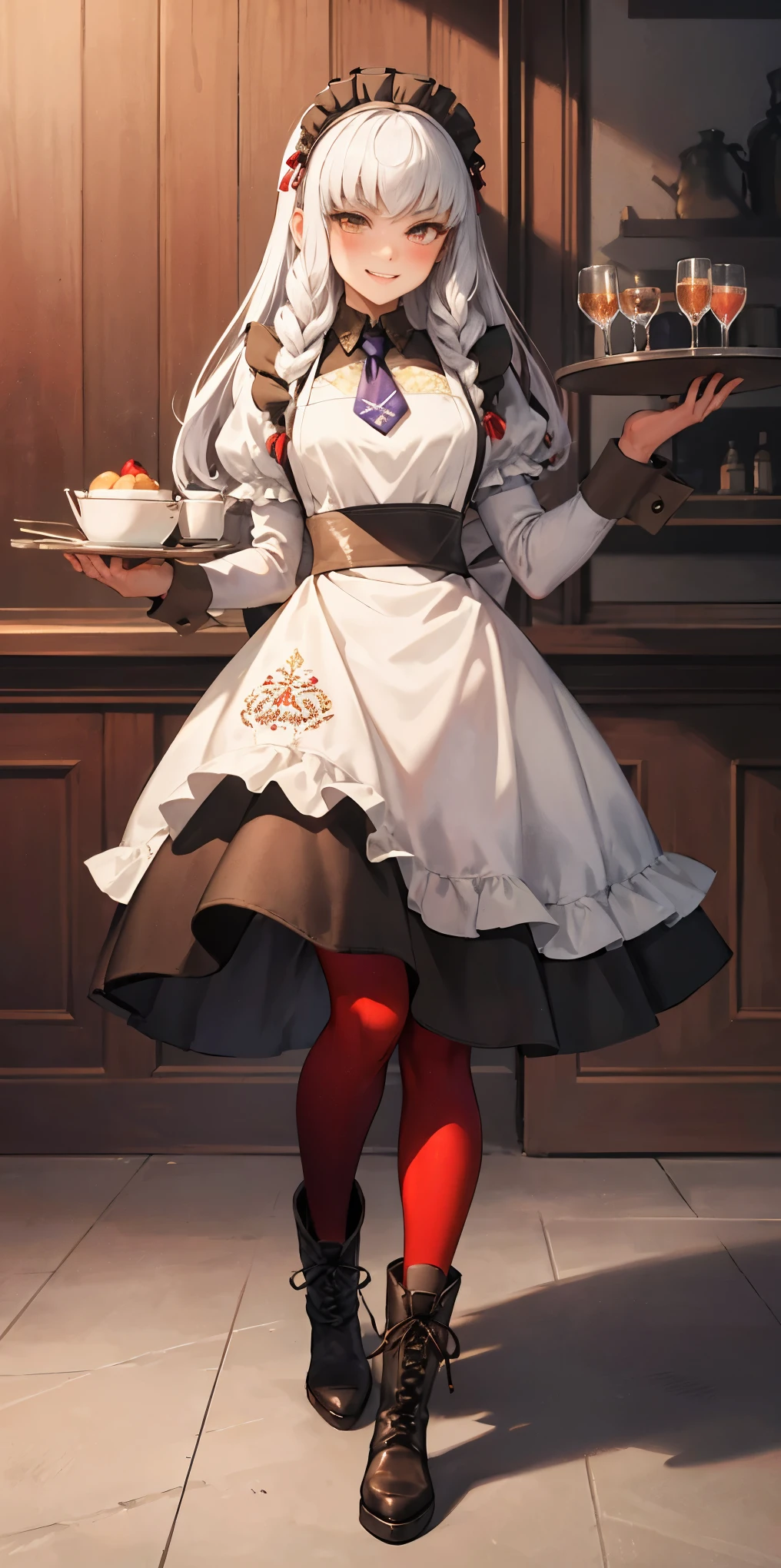 full body standing straight symmetrical, lustful smirking smile face red blush red cheeks, looking at viewer, holding tray, braid, maid headdress, maid, dress, apron, long sleeves, brown pantyhose, long leather military boots, thighs, long white hair, masterpiece